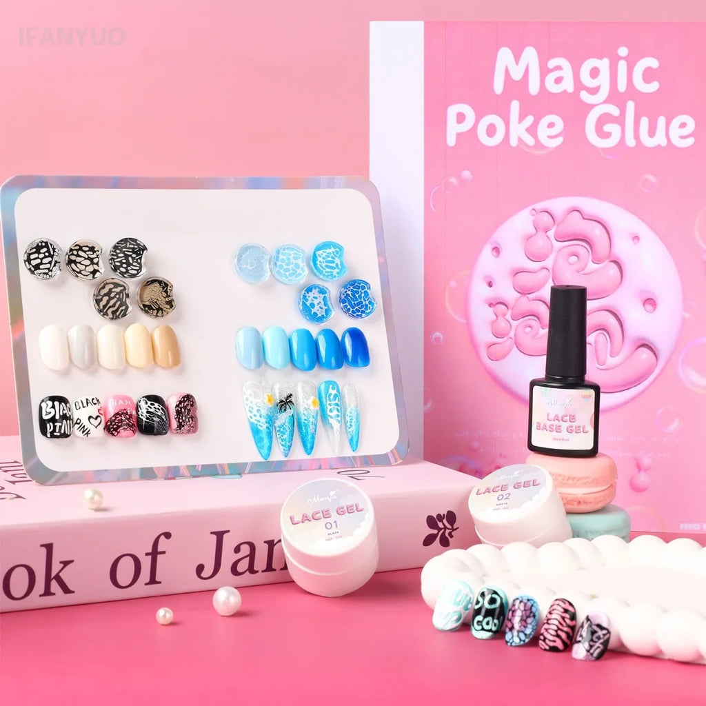 8 Colors Nail Poke Art Glue Lace Hole Bubble Wave Ocean White Black Colorful Nail Hollow Painting Gel Soak Off Varnish UV LED Vue