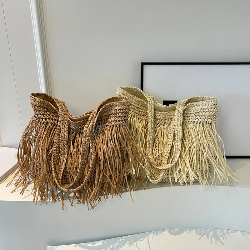 Casual Tassel Woven Women Shoulder Bags Handmade Fringe Lady Handbags