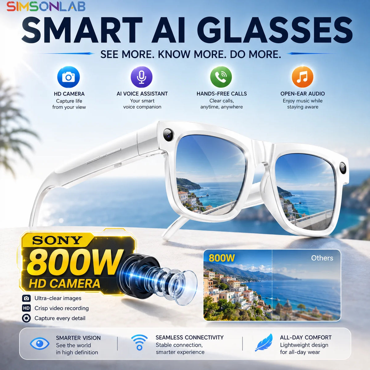 Smart Glasses 800W Pixel Camera Bluetooth IPX4 Waterproof Magnetic Charging Audio Glasses Video Voice Recorder Hands-Free Camera Vue
