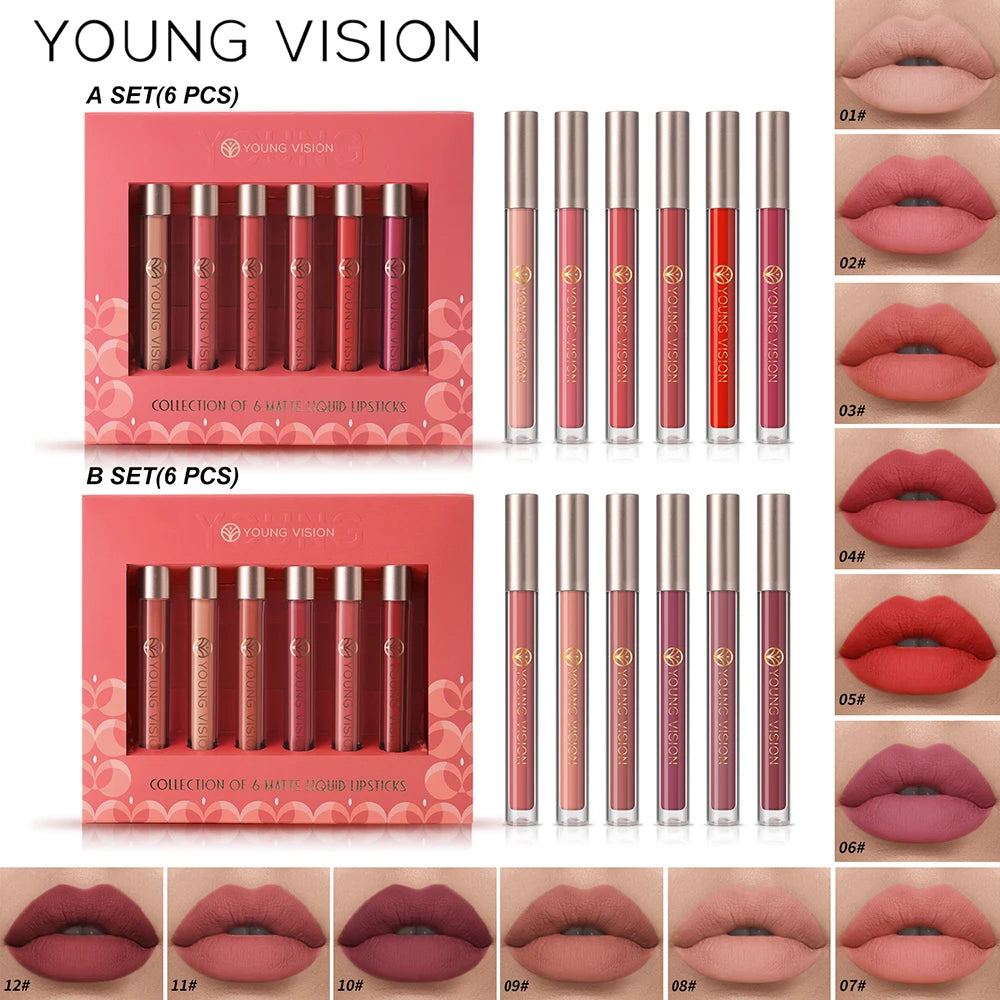 YOUNG VISION 6Pcs/Kit Matte Liquid Lipstick Gift Set Easy Application, Waterproof and long-lasting without fading Lip Gloss Vue
