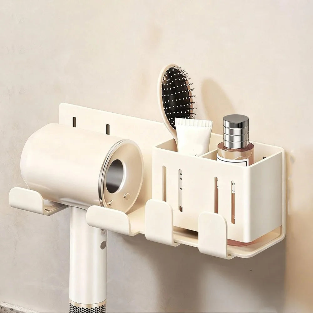 Carbon Steel Suction Cup Hair Dryer Holder No-Drill Wall Mounted Hair Dryer Storage Rack Removable Space Saving Vue Beige Style DA