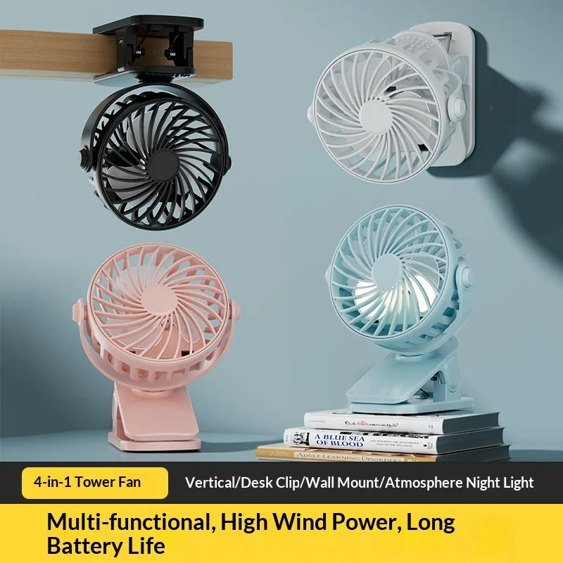HOMEFISH Portable Rechargeable Clip Fan 720° Rotatable Hanging Fan with Night Light Air Cooler for Outdoor Camping Ventilador Vue