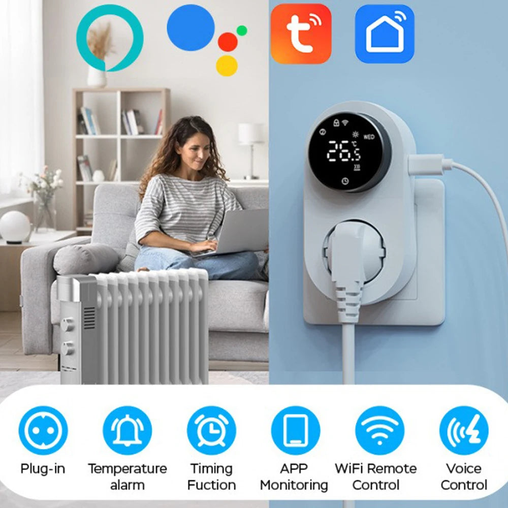 Tuya Smart WiFi LED Thermostat Socket 16A Plug-in Thermostat Socket Knob-type Temperature Controller Voice Control with Alexa Vue Default Title