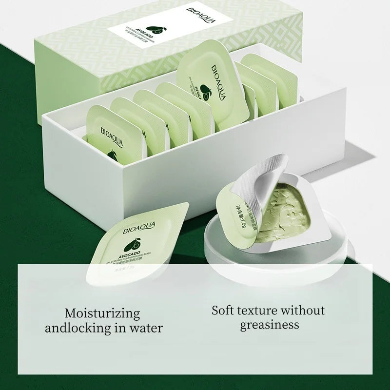 1 Box of 8 Avocado Cleansing Masks, Containing Extracts of Avocado, Aloe Vera and Other Skin-Beneficial Plants, Cleanses and Moisturizes the Skin, Individually Packaged for Convenience, Clean and Hygienic, Suitable for Those Vue