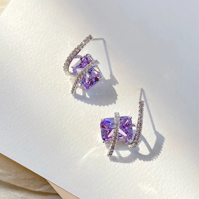 Huitan Purple Cubic Zirconia Rectangular Stud Earrings Women Stud Earrings Vue
