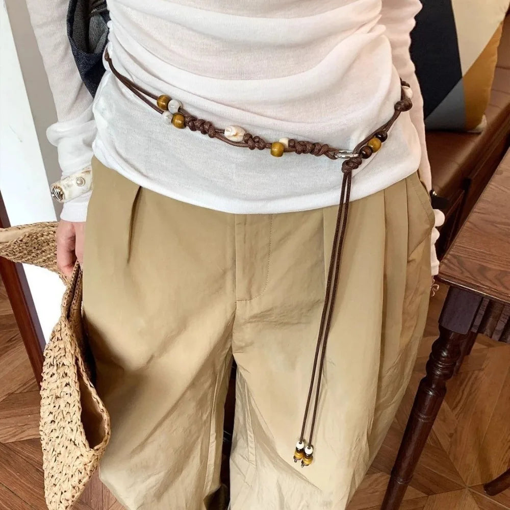 Ethnic Hand-woven Waist Chain Wooden Bead Adjustable Decorative Belt