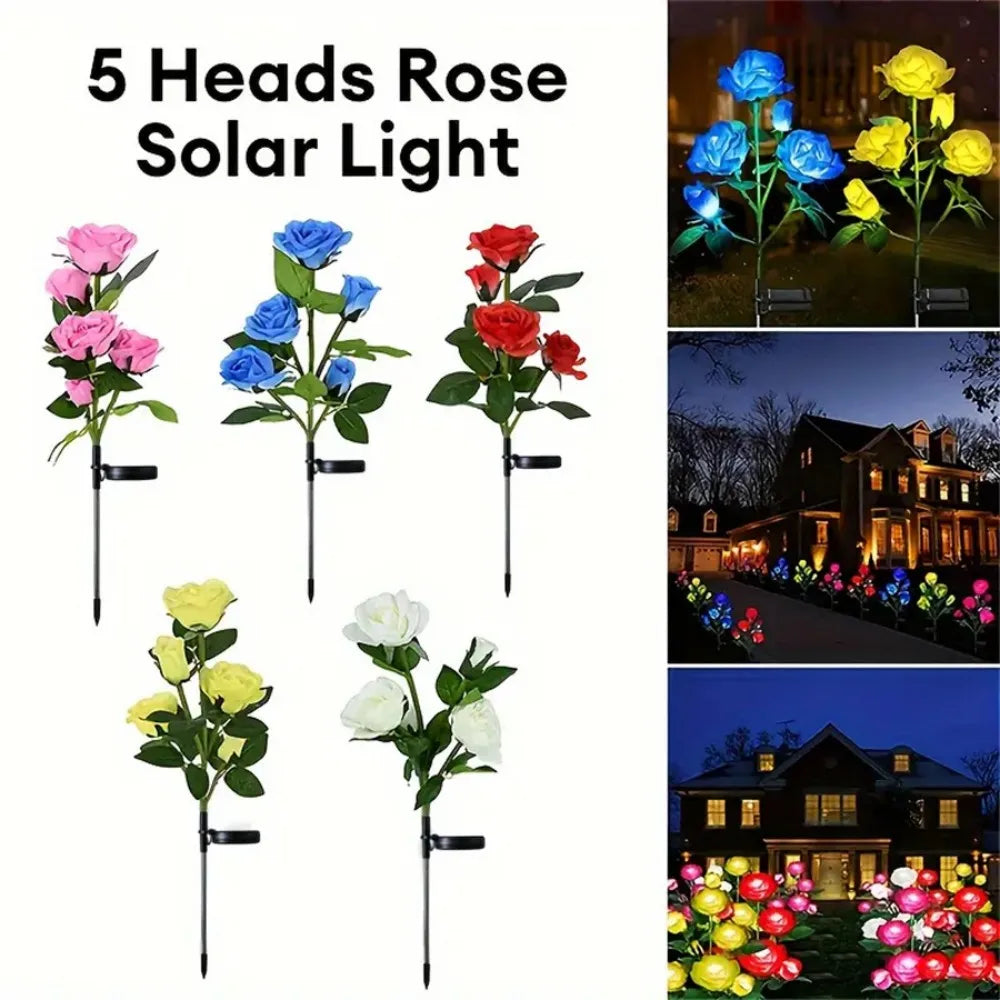 1/2PC Solar 5 Heads Rose Lights,Outdoor Artificial Flower LED Garden Lamp,Waterproof Landscape Stake Light,Patio Yard Home Decor Vue