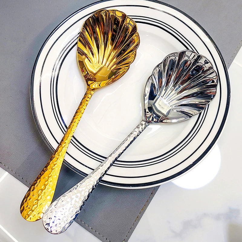 Shell-Shaped Serving Spoons Stainless Steel Vegetable Spoons Large Fan-Shaped Soup Spoons Suitable For Family Parties Restaurant Vue