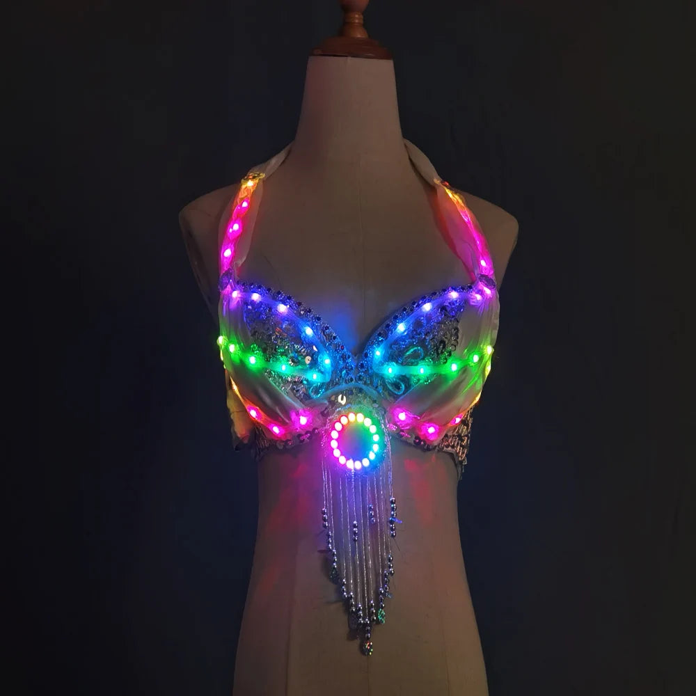 LED Lights Bling Mermaid Belly Dance Costume Set Women Belly Dance Bra Skirts Professional Outfit Vue