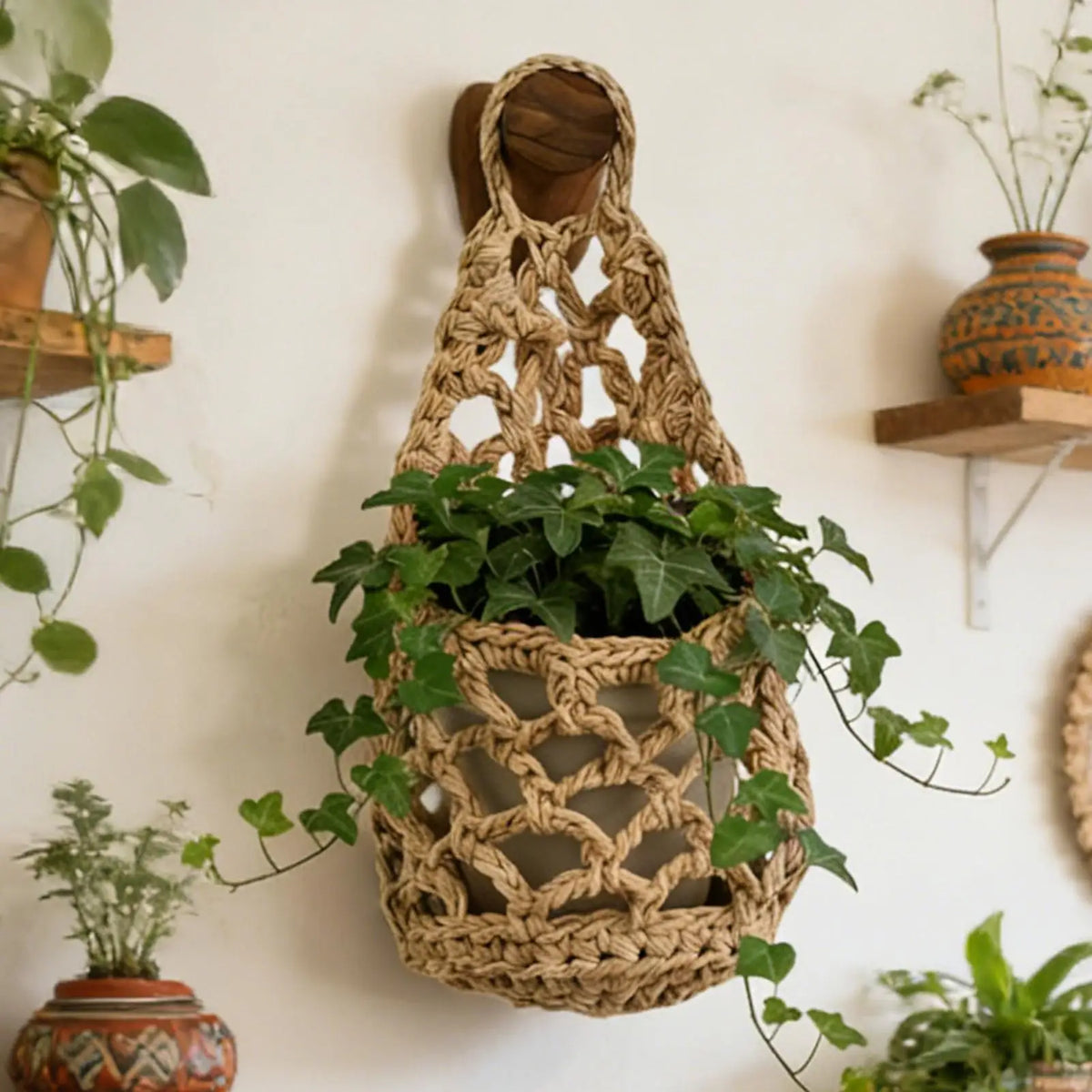 32x16cm Cotton Rope Indoor Plant Hanger, Macrame Planter Holder for Home Living Room Balcony Decor, Hanging Flower Pot Stand Vue