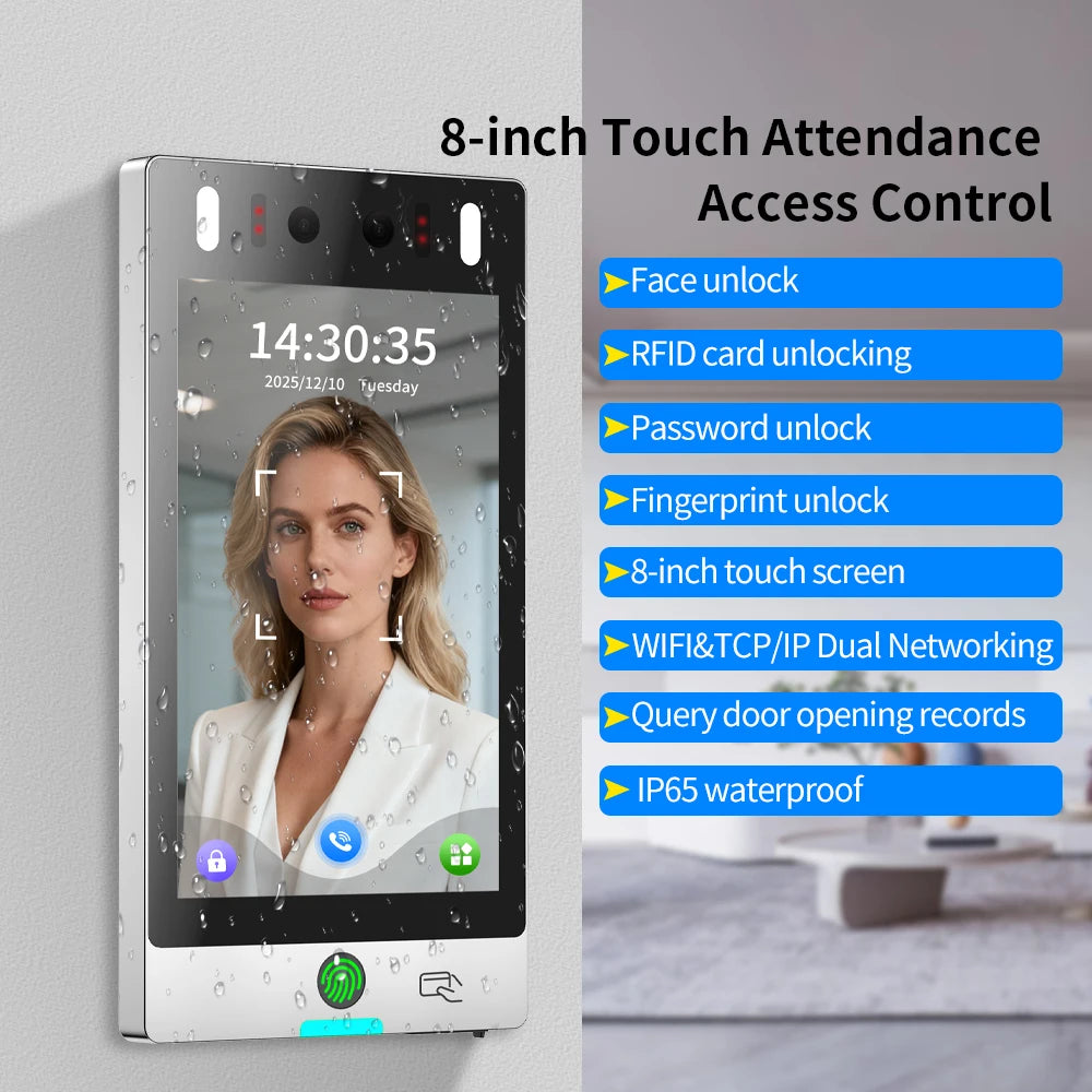 Asia Teco World Debut IP65 8inch 5000user TCP/IP WIFI Dynamic Face Recognition Access Control Attendance Machine Password+RFID Vue