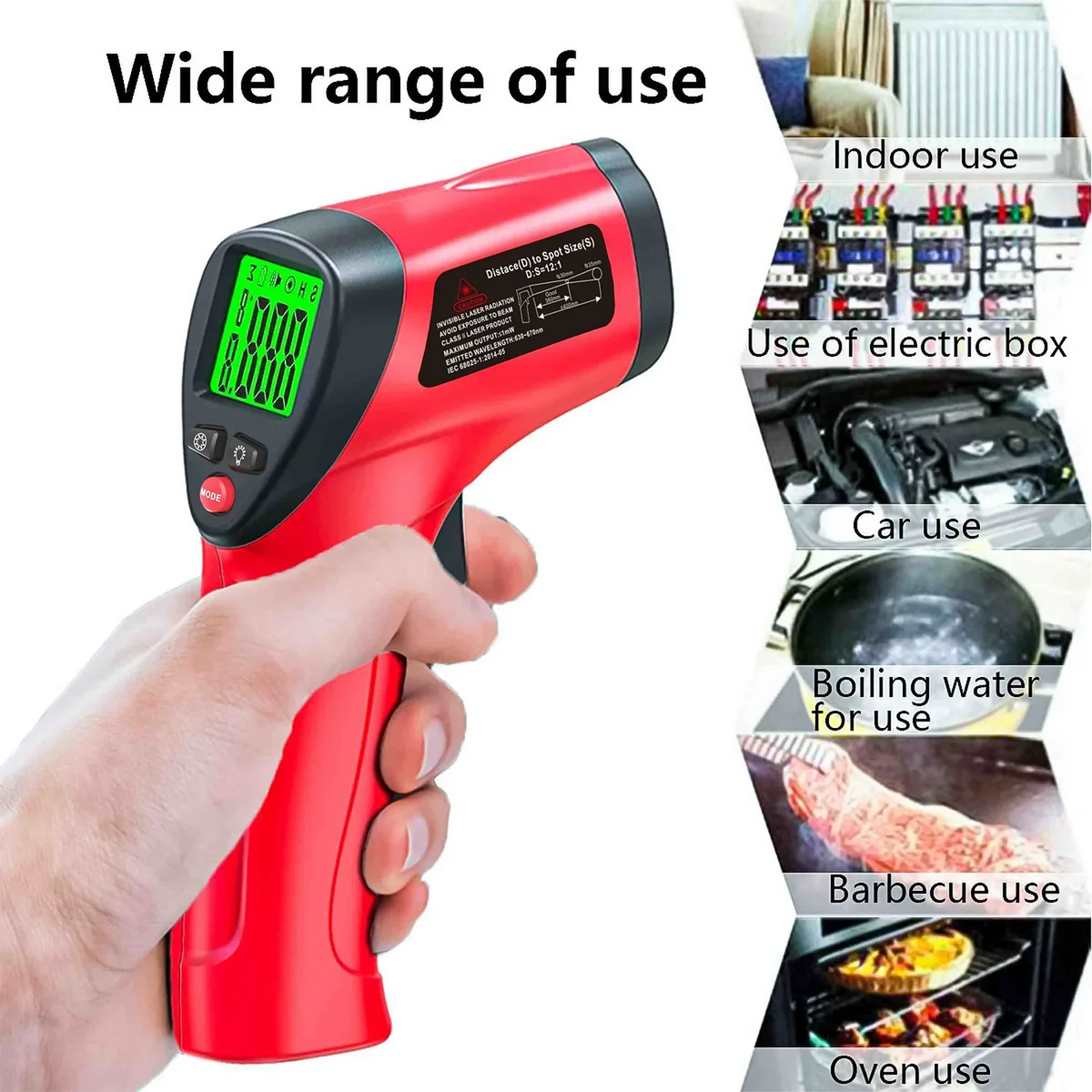 DT500 Infrared Thermometer Gun -50~550°C Non-contact Laser with 12:1 D:S, Adjustable Emissivity & LCD Backlit and Laser Aiming Vue
