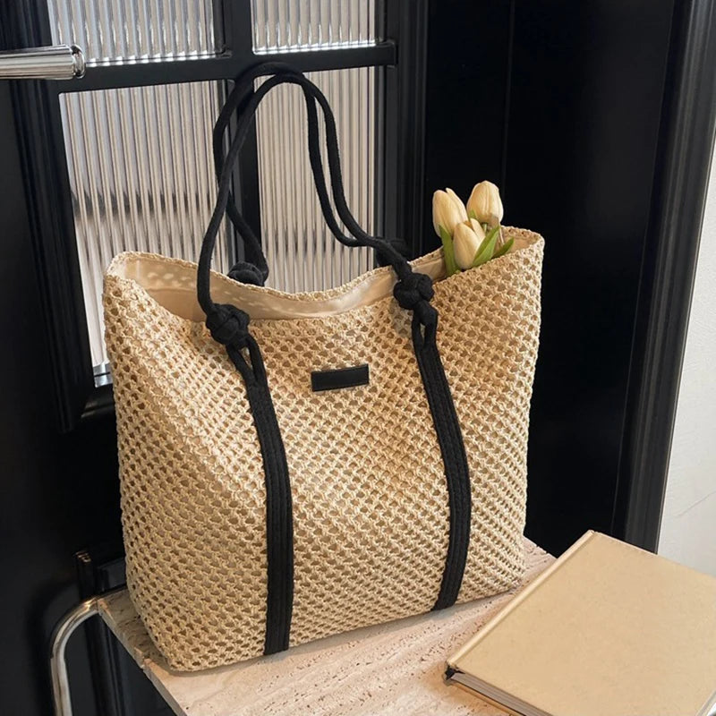 Summer Woven Straw Tote Bag Casual Beach Vacation Women Shoulder Bags