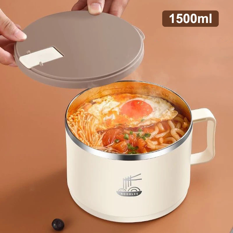 304 Stainless Steel Foam Bowl Large Capacity Double-Layer Anti-Scald Lunch Box With Tableware/Lid Can Drain Ramen Bowl〔CC11〕 Vue Beige