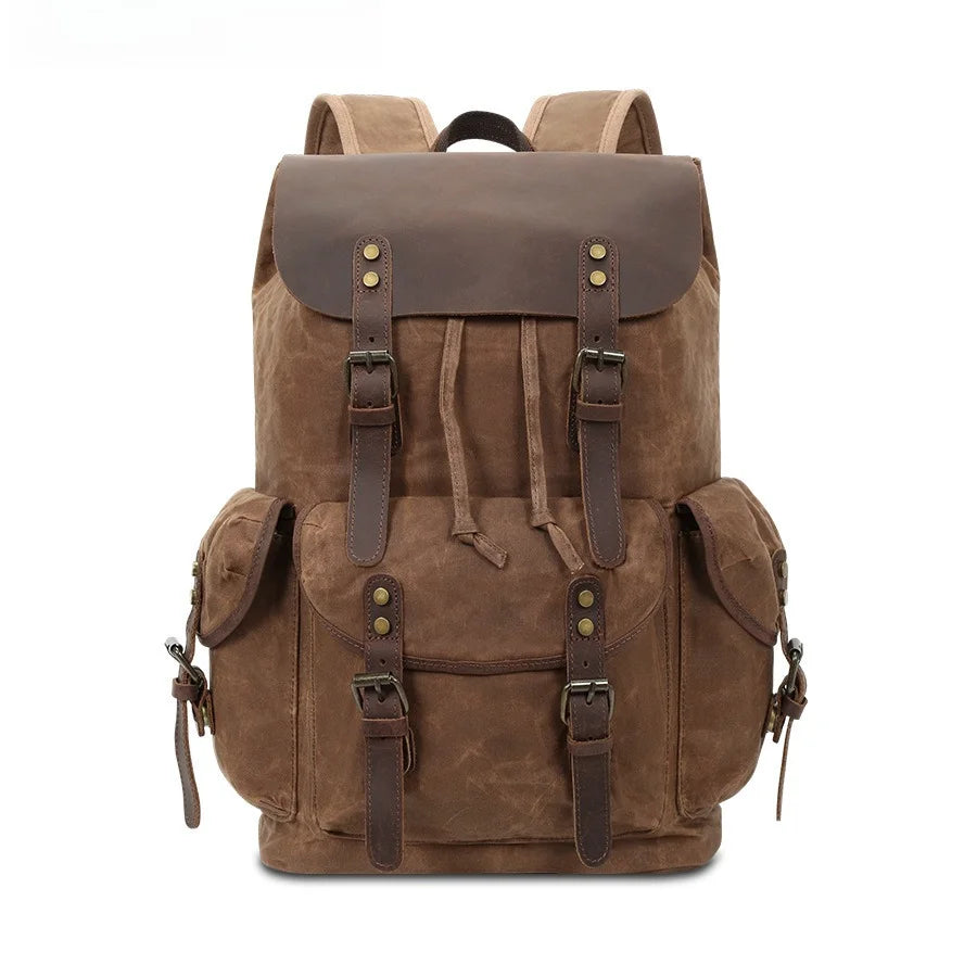 Leather Oil Wax Canvas Backpack Retro Mad Horse Leather Men's Bag Tide Outdoor Travel Large Capacity Backpack Wear-resistant Vue