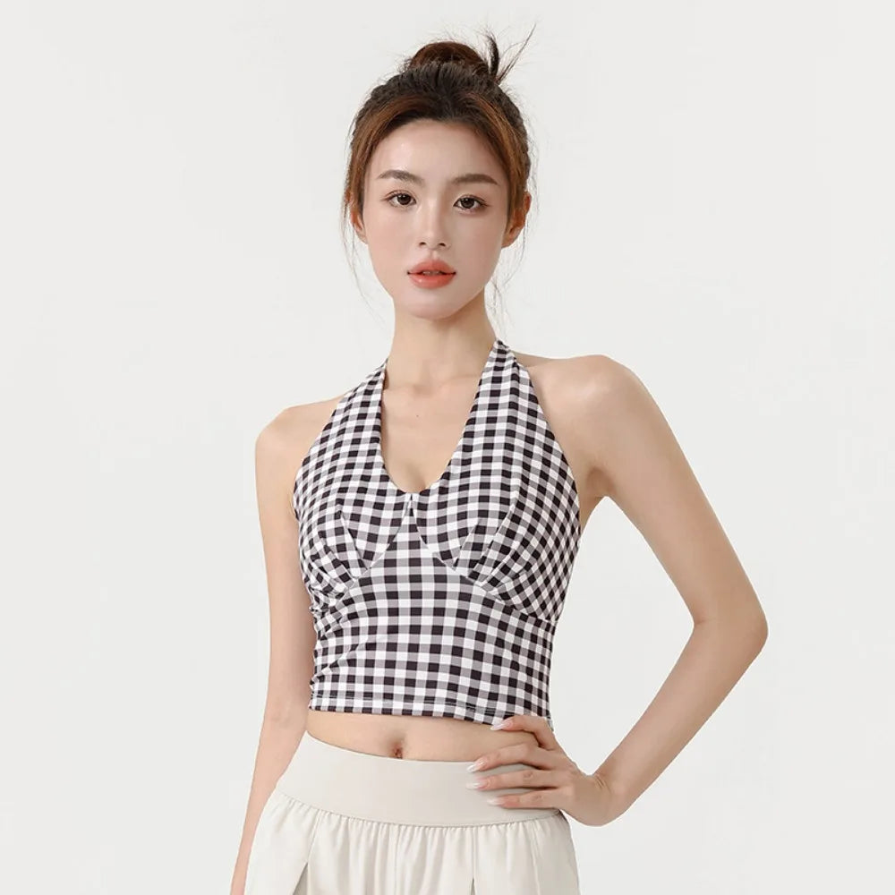 Y2K V-Neck Yoga Vest Backless Fixed Pad Sports Bra Breathable Slim Fit Push-Up Tank Top Daily Street Vue Black-L
