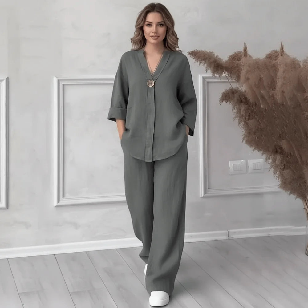 Fashion V Neck Women Two Short Sleeve Button Front Pants Pocket
