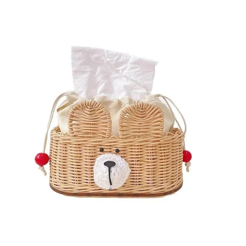 Rattan Woven Tissue Box Holder Cute Bear Napkin Small Desktop Storage Basket For Home Table Decor Kids Birthday Gift Vue