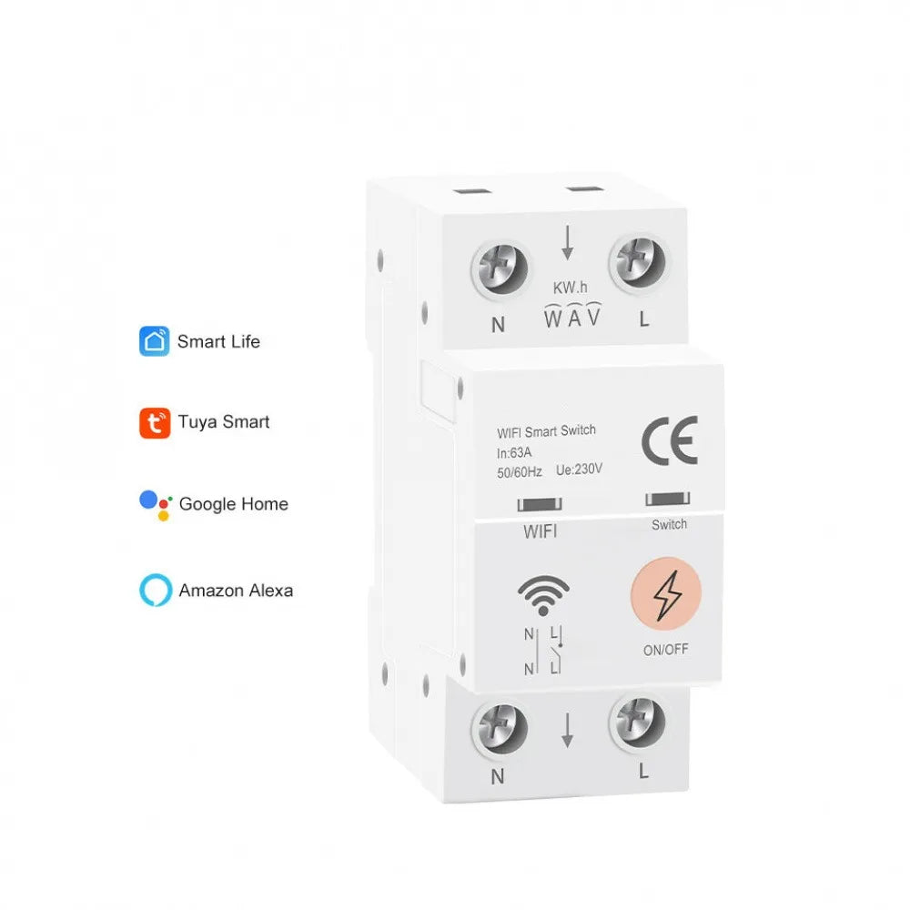2P 63A Tuya WiFi Smart Circuit Breaker DIN Rail Overload Protection APP Remote Voice Control Timer Switch Works with Smart Life Vue