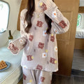 Womens Cozy Coral Fleece Pajama Set with Bear Print Long Sleeve Top and Elastic Waist Pants for Winter Sleep Home Lounging Gift Vue One Size khaki