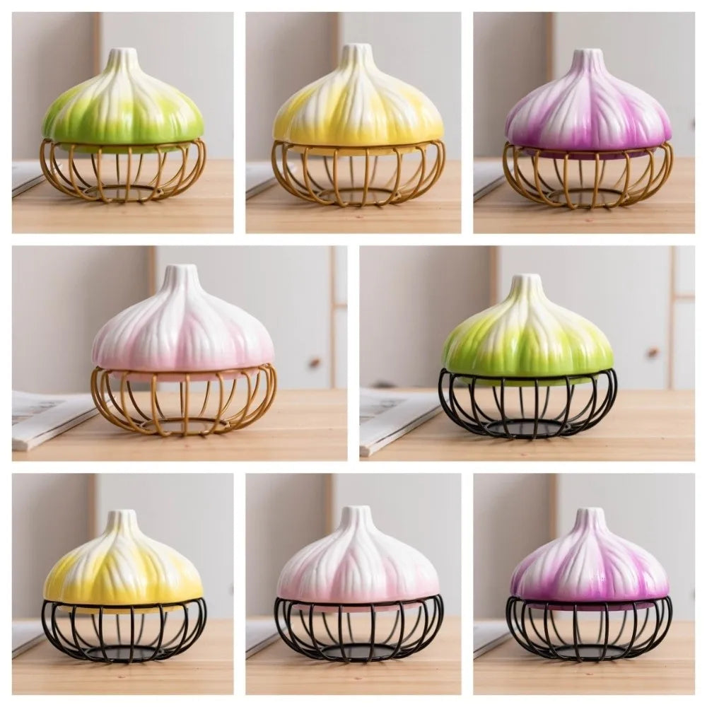 Practical Iron Garlic Shape Storage Basket Ceramic Space Saving Garlic Ginger Basket Egg Storage Vegetables Organizer Kitchen Vue