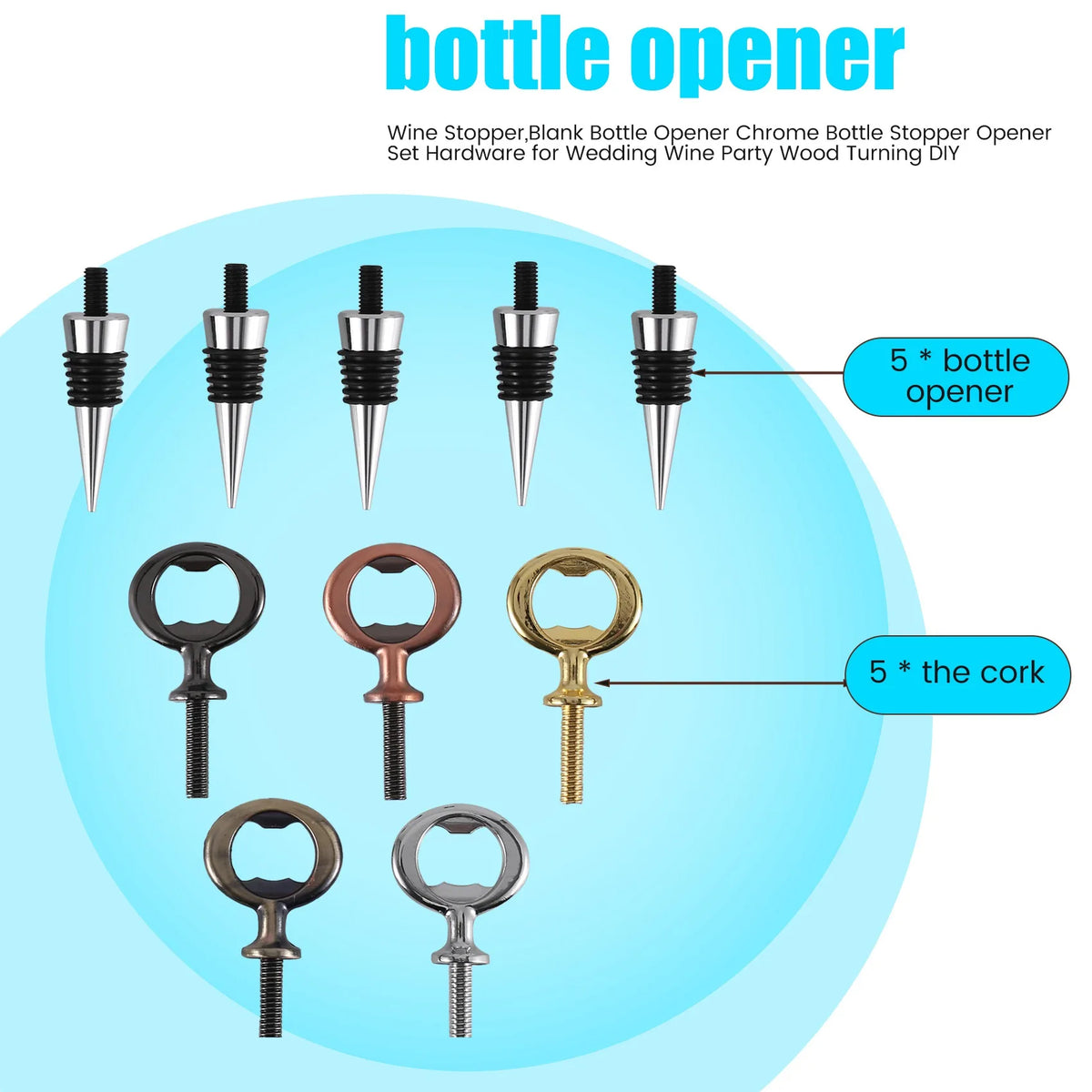 ABKW-Wine Stopper,Blank Bottle Opener Chrome Bottle Stopper Opener Set Hardware For Wedding Wine Party Wood Turning DIY Vue
