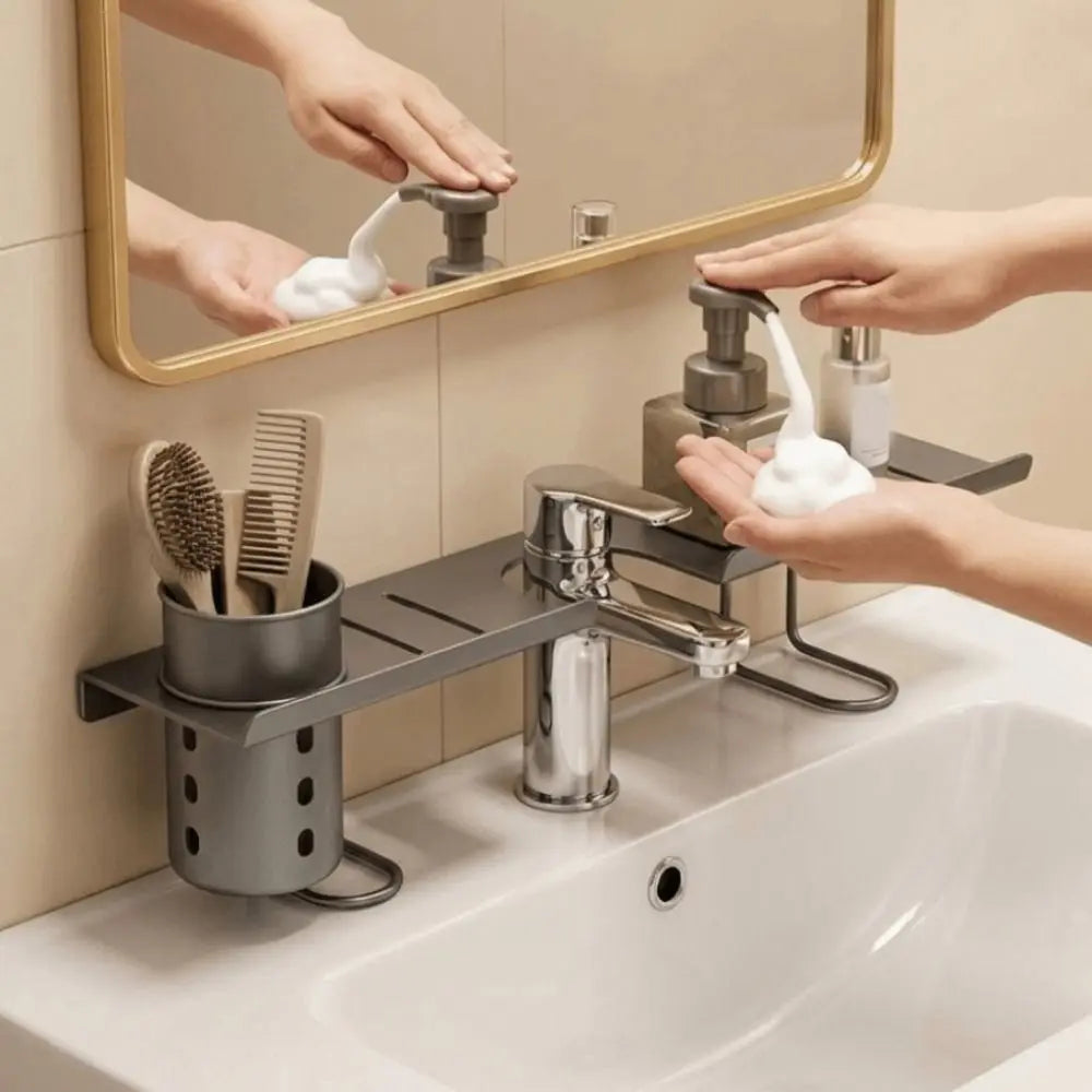 Carbon Steel Bathroom Storage Rack Hollow Out Water Drainage Vertical Faucet Storage Rack Large Capacity Space Saving Vue