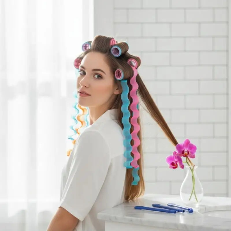 Heatless Magic Hair Curlers Spiral Set, Reusable Hair Styling Rollers with Styling Hooks, No Damage Hair Curl Tools Vue