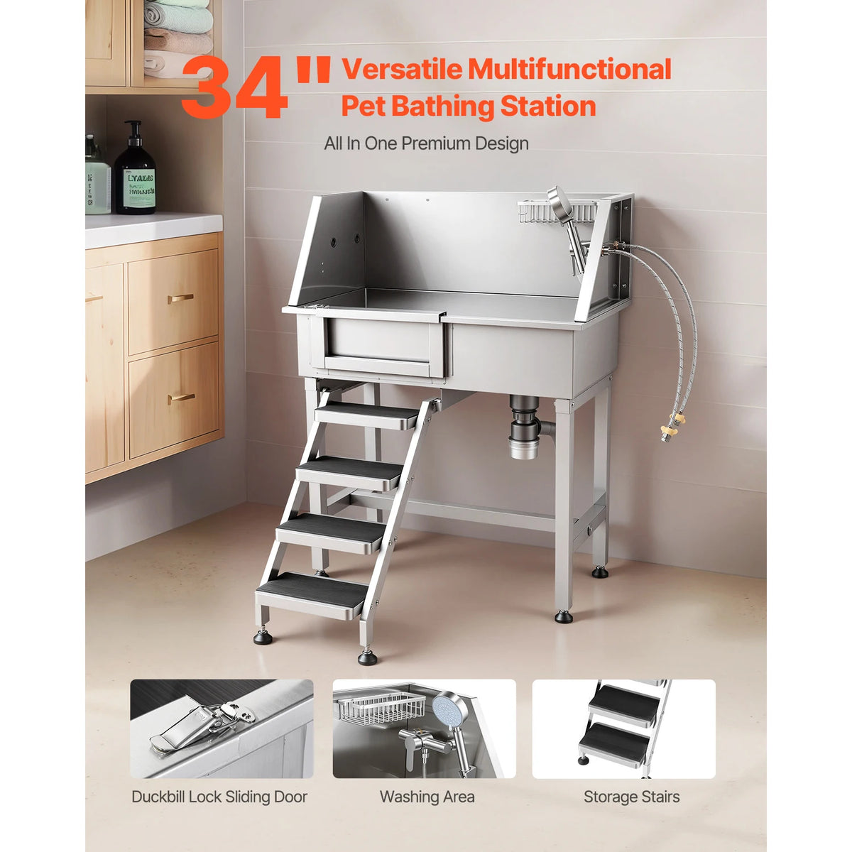 SucceBuy 34" Stainless Steel Dog Washing Station with Faucet Dog Grooming Sink Vue