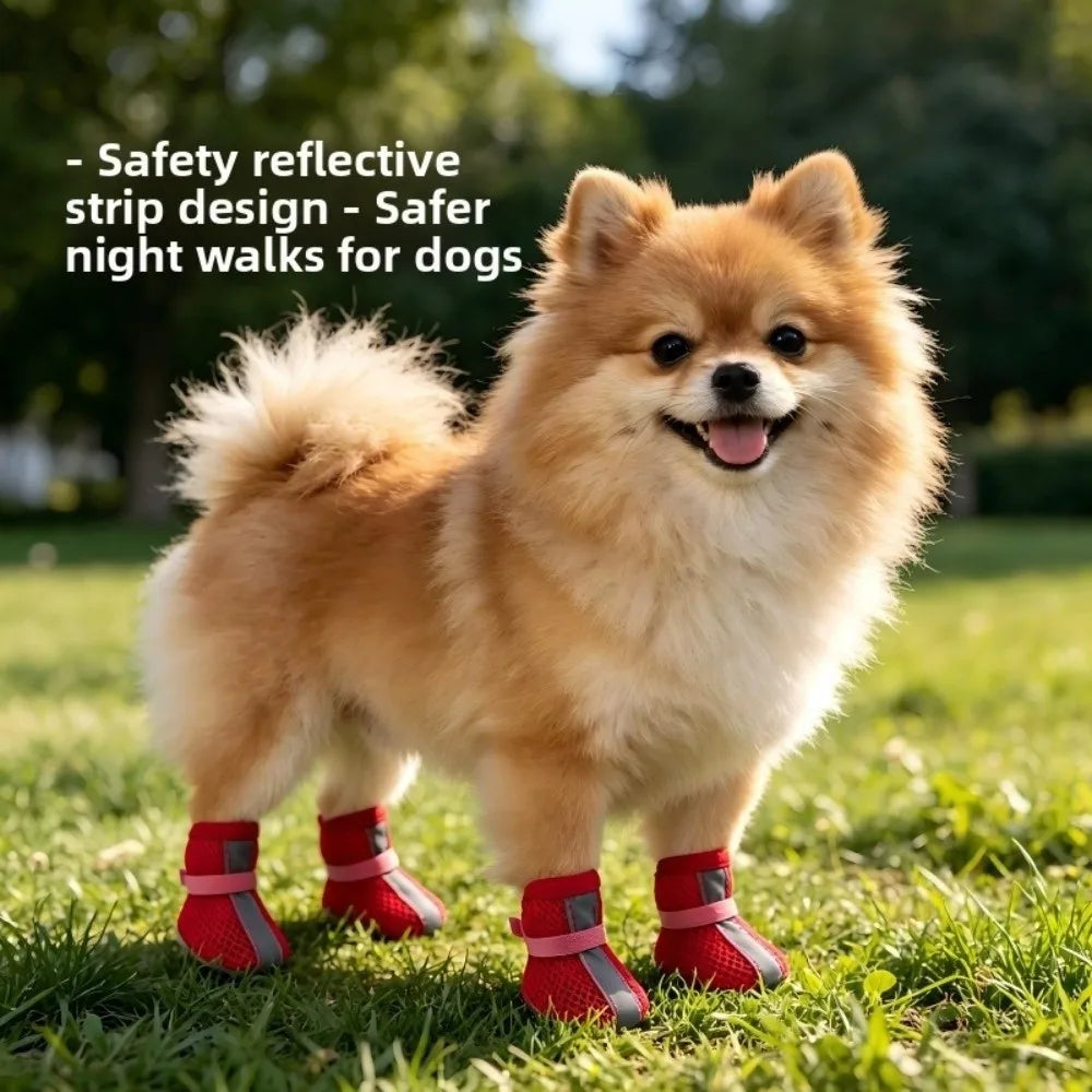 4PCS/SET Non-slip Mesh Dog Shoes Breathable Wear-resistant Pet Booties Reflective Stripe Hook-and-loop Strap Pet Paw Protector Vue