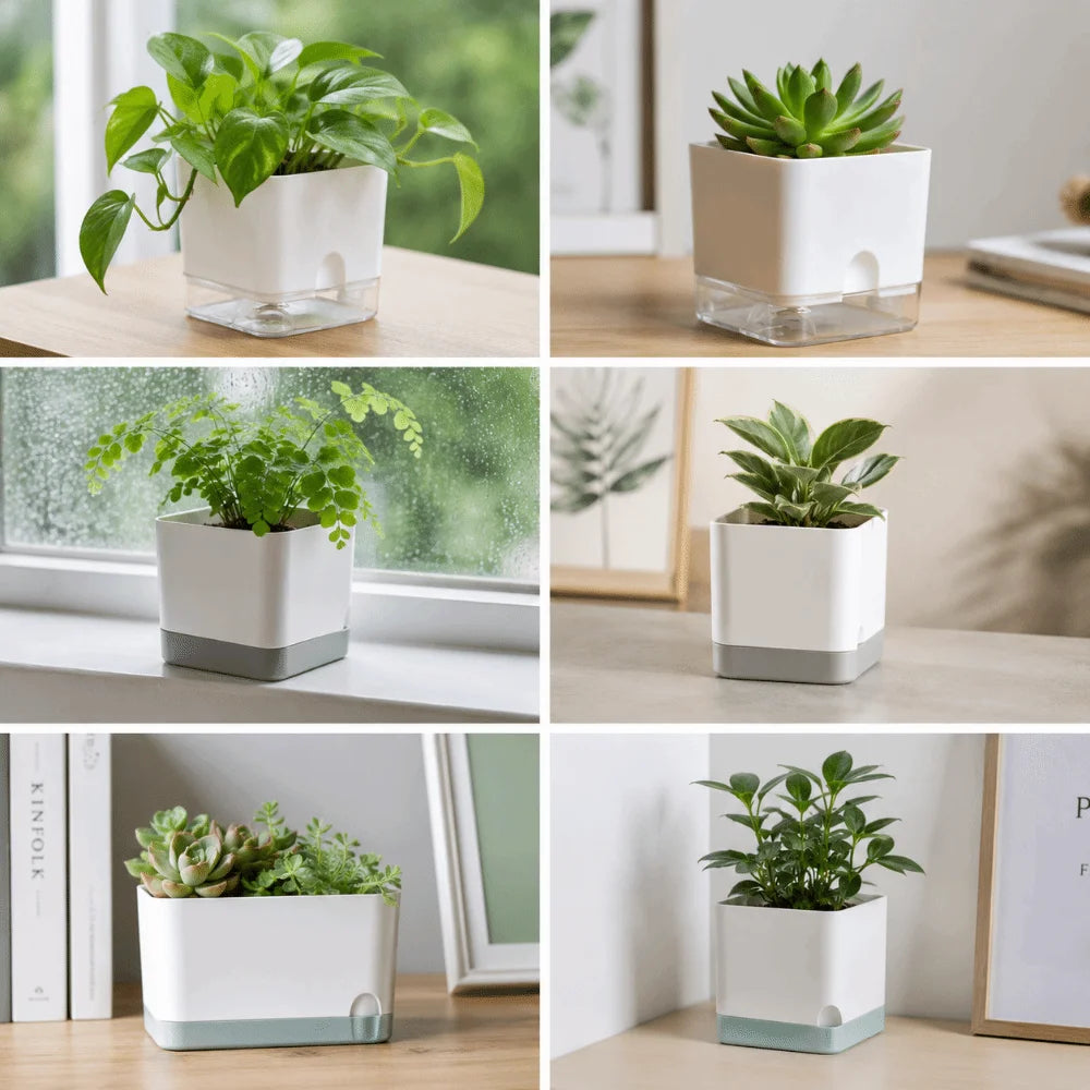 Easy Care Square Shape Self Watering Plant Pots Drainage Hole Patchwork Plant Pots 2-Layer Design Plastic Flower Planters Office Vue