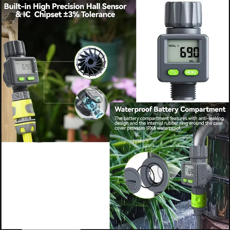 Water Flow Meter Measure Gallon/Liter Consumption&Flow Rate For Garden Hose Watering RV Water Tank Sprinklerabkw Vue