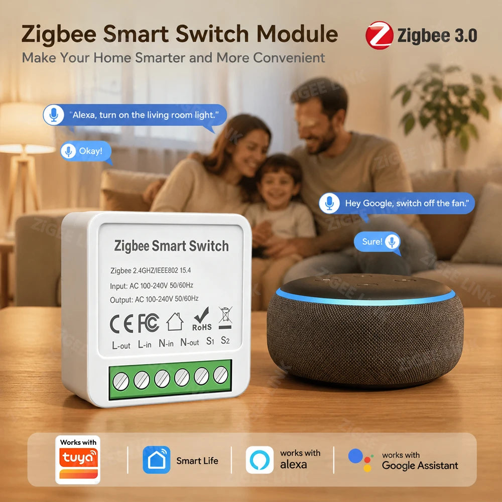 Zigbee3.0 WiFi Mini DIY Smart Breaker 2-Way Control Relay Module Wireless Timing Voice Control Smart Home Automation Accessory Vue