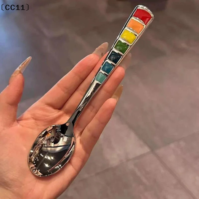 2Pcs Macaron-Colored Stainless Steel Dessert Spoons High-Aesthetic Colorful Enamel Spoons For Home Kids Picnics & Bento〔CC11〕 Vue
