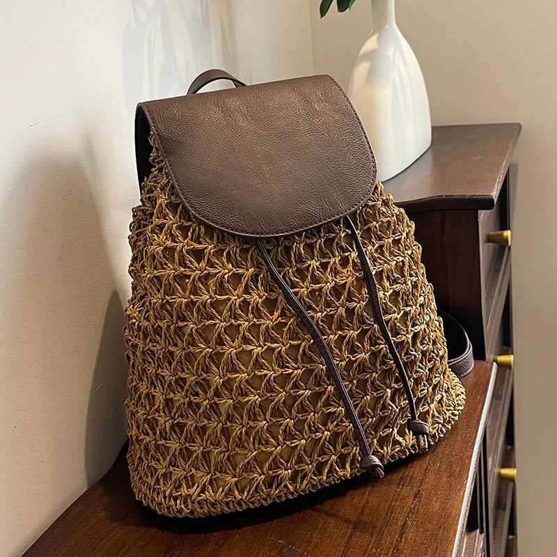 Vintage Straw Backpack Women's Fashion Shoulder Bag Versatile Woven Vue Brown 31x13x33cm