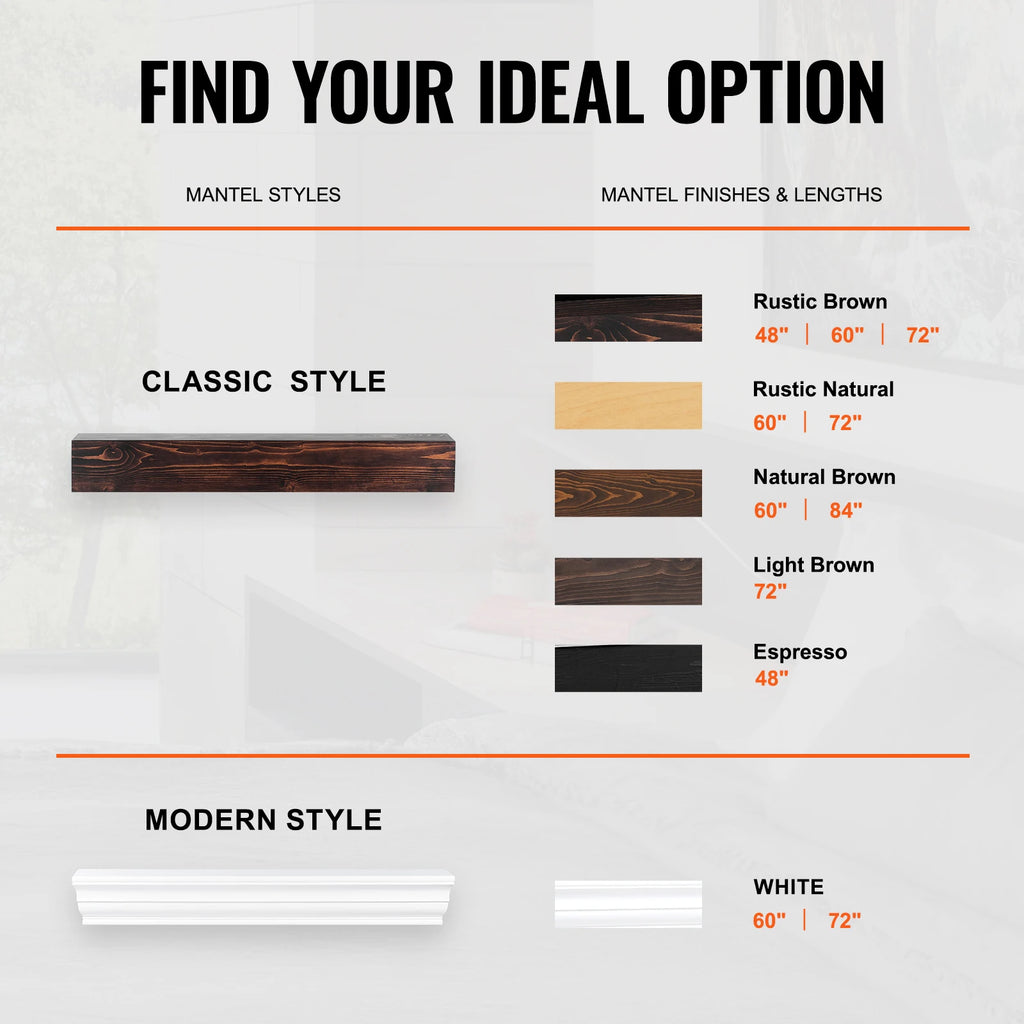 48" Floating Fireplace Mantel Shelf – Solid Pine, Rustic Brown Fireplace Mantel Shelf Vue