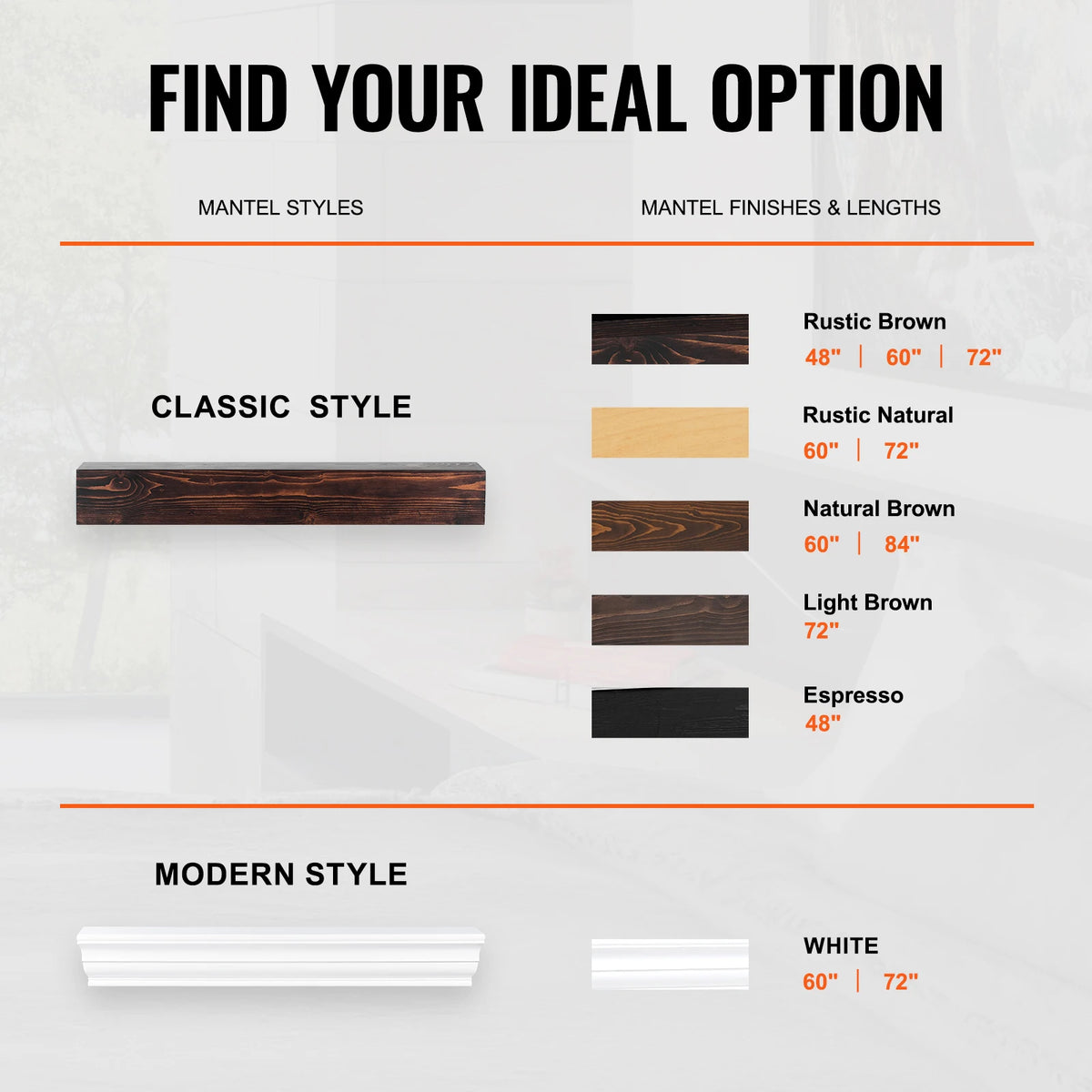 48" Floating Fireplace Mantel Shelf – Solid Pine, Rustic Brown Fireplace Mantel Shelf Vue