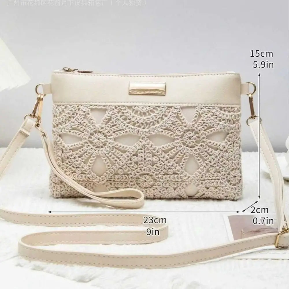 Bohemian Hollow Woven Bag Lace Decor PU Leather Summer Beach Zipper Vue