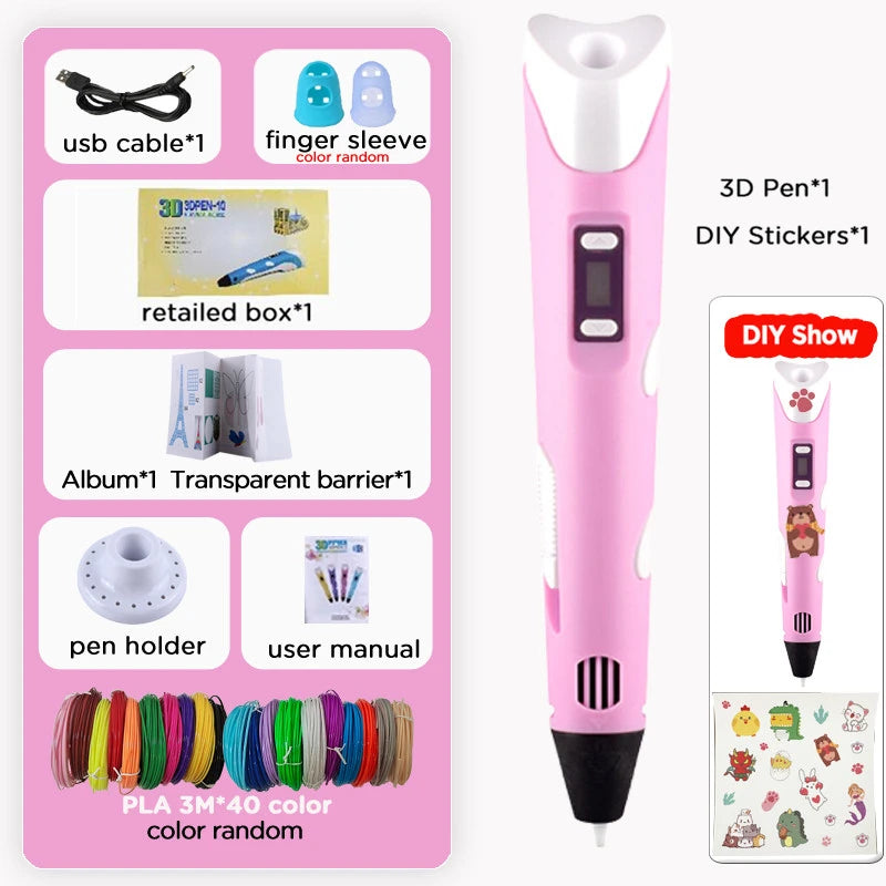 3D Printing Pen Kids PLA 40 Colors 1.75mm PLA Filaments Children 3D Doodle Pen DIY Drawing Pens Boys Girls Birthday Gifts Vue pink pen add 120M PLA Filagment