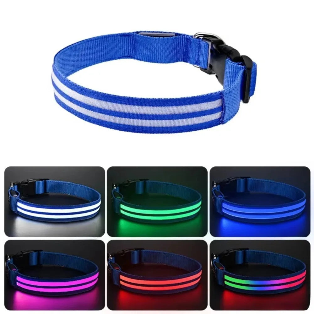 Adjustable Light Up Dog Collar Nylon Material Flashing Light LED Glowing Dog Neck Ring Waterproof Anti-Lost Vue M-Blue Multicolor