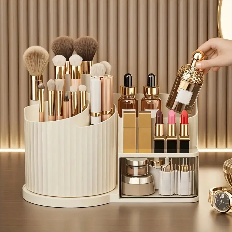 360° Rotating Makeup Organizer with Brush Holder & Drawer Desktop Large Capacity Skincare Cosmetic Tools Lipstick Display Cases Vue