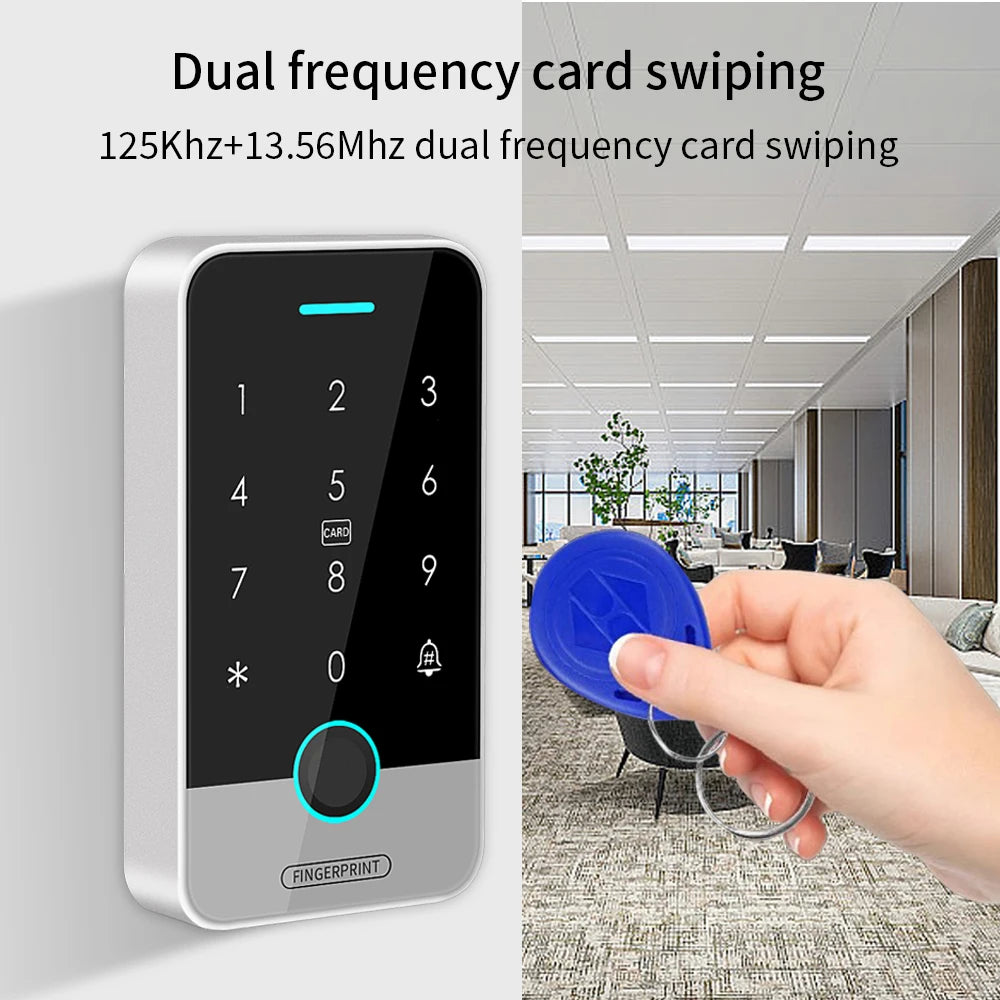 Fingerprint access control controller independent RFID touch keyboard 13.56Mhz door opening system waterproof support Tuya app Vue