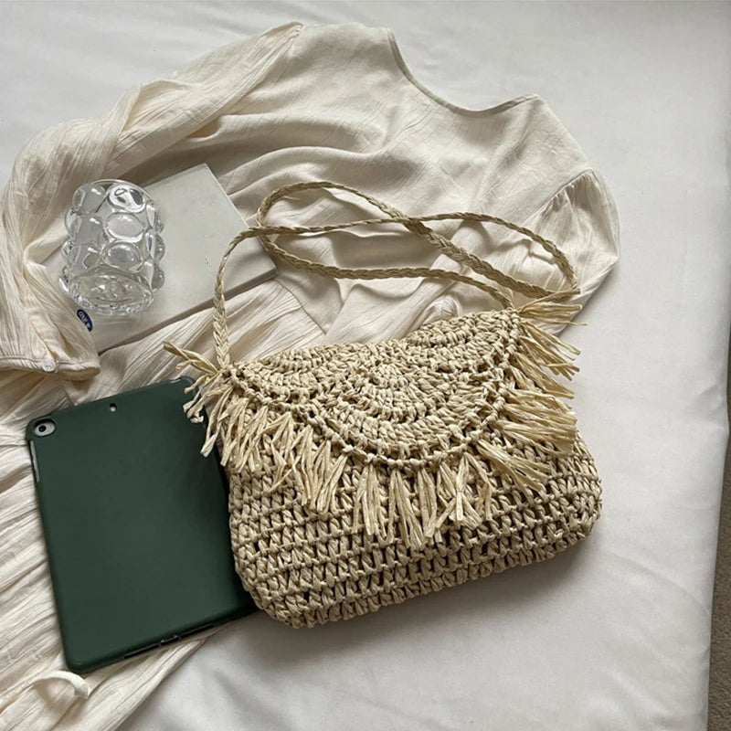 Summer Beach Women Tassels Straw Rattan Weave Shoulder Crossbody Bag