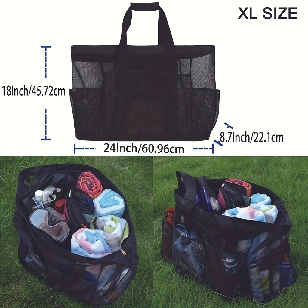 Large Beach Tote Bag Mesh Pockets Zipper Multi Compartments Durable