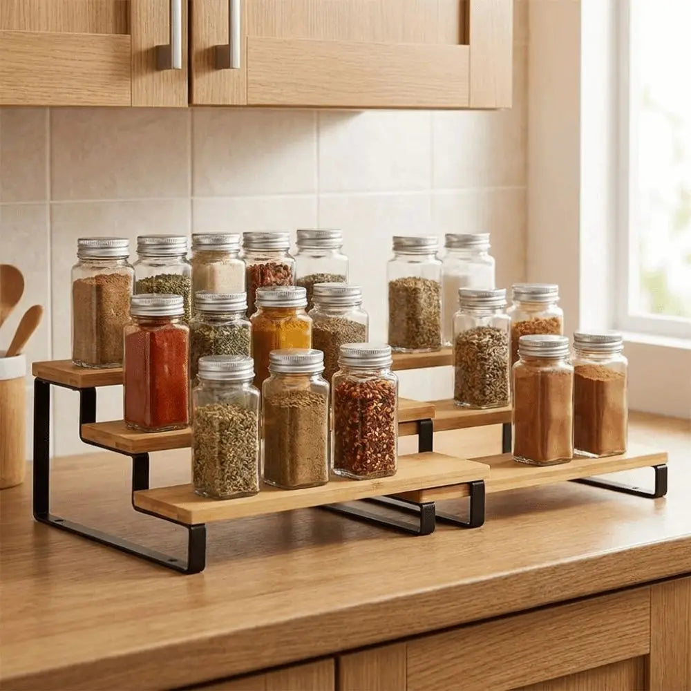 Bamboo 3 Tier Spice Rack Detachable Space Saving Spice Condiment Shelf Large Capacity Expandable Step Storage Rack Bathroom Vue