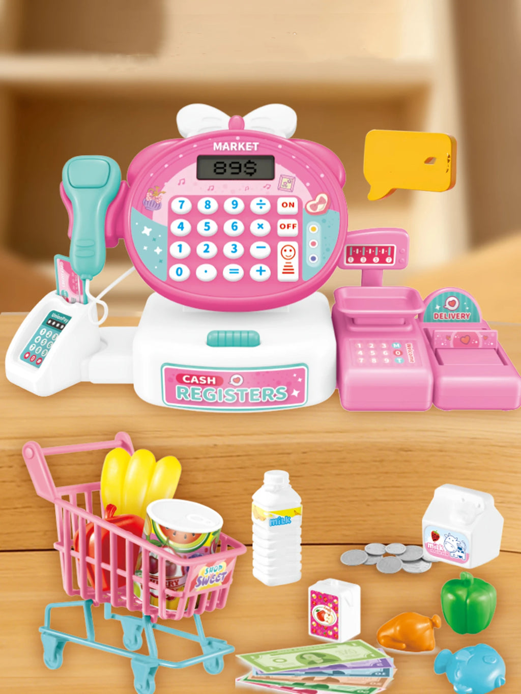 Mini Cartoon Cash Register with Lights:Supermarket Simulation with Scanning, Calculate,Cart—Interactive Parent-Child Toy Set Vue