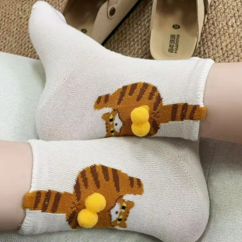 1-10Pairs Women 3D Cat Pattern Mid Calf Socks with Tail Soft Breathable Fashionable Casual Party Daily Birthday Gift Vue