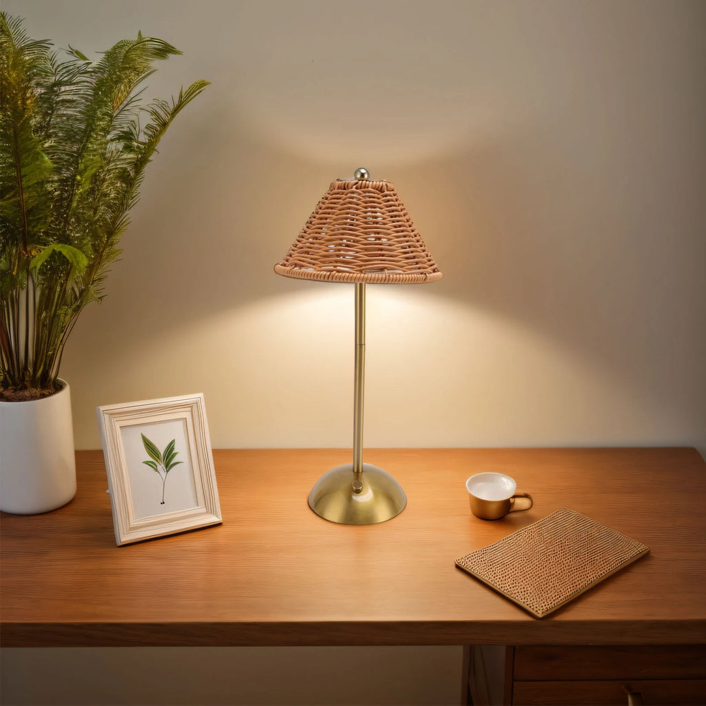 Cordless Boho Rattan Table Lamp PC Rattan Weaving Eye Care Compact LED Rechargeable Reading Light Energy Saving for Restaurant Vue