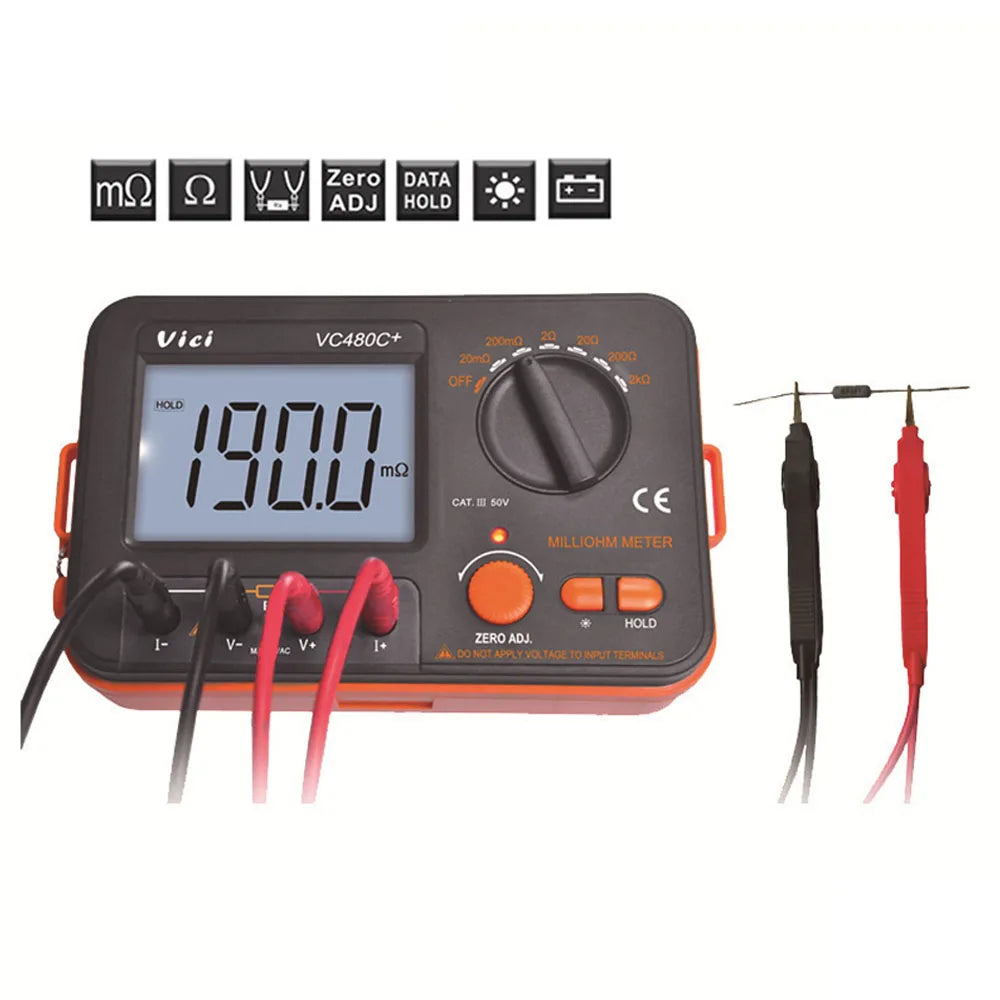 Digital Milli-ohm Meter VC480C+ LCD Backlit 4 Wire Low Resistance Multimeter 6 Range Accuracy Meter 0.01mΩ-2kΩ with Test Clip Vue