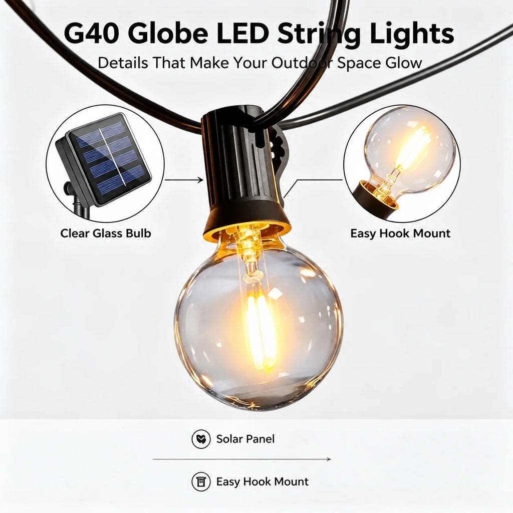 21M G40 Globe String Lights, Solar Powered LED Outdoor Lights, Waterproof Garden Patio Wedding Party Decoration Vue